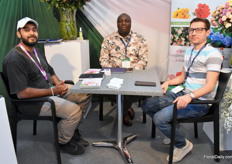 Mahesh Suresh (left) from Exome Life visiting John Machira and Almaz Ganiev from Milele Flowers.